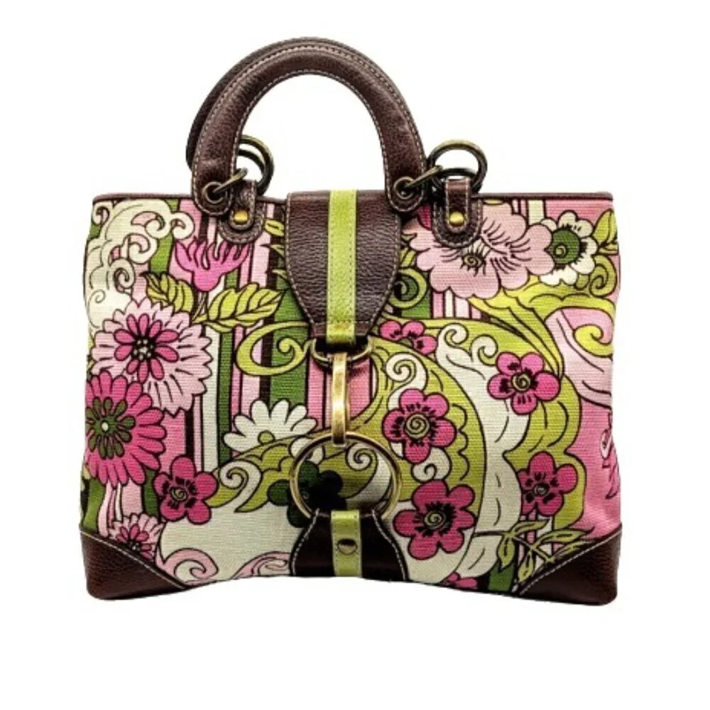Isabella Fiore Pink Green Floral Canvas Brown Pebbled Leather Trim Bag